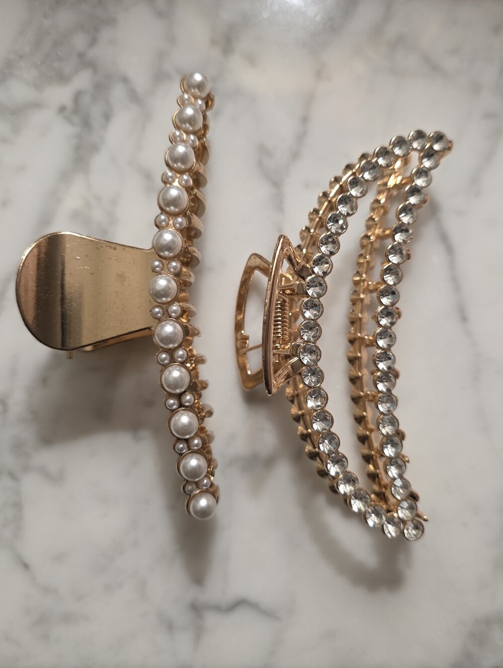 Pearl & Rhinestone Gold Metal Hair Claw Clips (Pair)